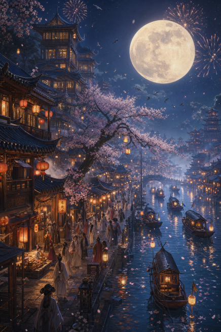 东方古风水月仙城夜景，烟花与满月下的临水夜市，史诗级中式美学场景，极繁主义细节，极致空间深邃纵深感，兼具浪漫氛围感与市井烟火气。斜向纵深构图，以临水步道与河道为引导线，强化从近景市井到远景古建与夜空的预览效果