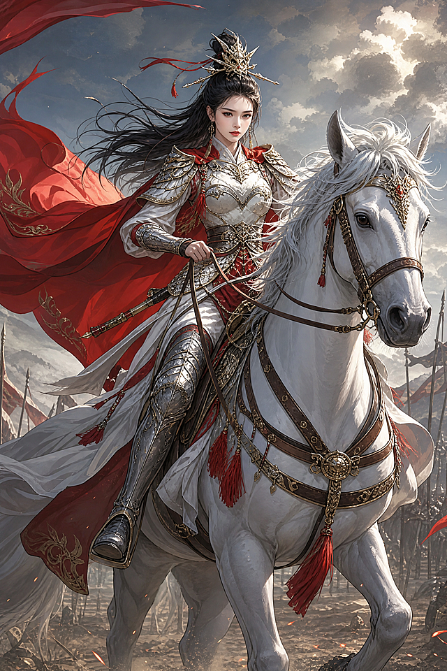 重新生成三国志14 DLC官方风格女武将立绘，调整为光荣三国志标准手绘2D风格，优化线条和色彩，匹配官方DLC立绘质感，保留女武将骑白马红衣银甲造型