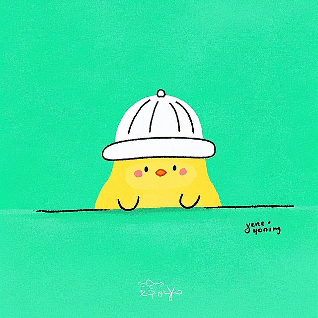 插画风卡通小鸡，戴白帽，萌趣可爱，简约绿色背景，拟人表情生动。