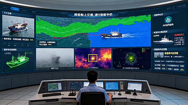 画面以港口船舶交通管理中心为背景，呈现专业、高效的监控环境。巨大的弧形屏幕分割为多个功能区，中央电子海图清晰显示着商船主航道（绿色高亮） 与两侧的渔船作业区（蓝色区域），边界分明。

核心事件：一艘小型渔船正从蓝色区域违规驶入绿色主航道，其航行轨迹以红色虚线在电子海图上实时标出。

左侧分析屏展示船舶特征识别过程：渔船实时画面旁，其轮廓正与渔船特征数据库进行快速比对。数据库以网格形式展示各种渔船模型，匹配成功的模型高亮闪烁，系统标注：“身份核验：未报备渔船 | 特征匹配度：92%”。

中部融合监测视图体现复杂环境适应：屏幕分三栏同步显示：

可见光画面：在薄雾天气下，渔船图像略显模糊。

热成像画面：不受光线影响，渔船热源轮廓清晰。

雷达点云图：稳定的雷达信号点正与视觉目标重合。
三者数据通过抗干扰算法融合校准，形成一个稳定的黄色综合识别框锁定目标。

右侧预警与响应区展示多源信息融合预警：

AIS系统图标显示该船“AIS信号缺失”，与雷达、视觉检测结果形成三重验证。

航道安全模型预测其轨迹将在8分钟后与一艘商船交汇，触发“碰撞高风险预警”。

警报信息已推送至VHF通讯界面与执法船终端，一条处置日志生成：“时间 14:30 | 事件：渔船入侵航道 | 风险等级：高 | 已调度巡逻艇介入”。

数据看板显示着“本日预警：12次 | 平均预警提前时间：7分钟 | 误报率：<3%”等关键成效指标。

监控员正协调各方进行处置。整体氛围冷静专注，科技感精确地体现在多源数据融合可视化、智能预测轨迹与协同调度界面上。画面强调AI识别体系如何作为“全时段的航道哨兵”，通过特征库比对、环境适应与融合预警，将分散、被动的监管升级为主动、精准的智能防线，切实守护繁忙航道的秩序与安全。比例16：9