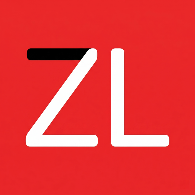 干净的纯红色背景。平面艺术字体设计，大写字母"ZL"，两个大写字母，Z和L都是大写，现代无衬线黑体风格，结构平衡，笔画粗细均匀，在笔画转折处做轻微圆角处理，保持极高可识别性，白色哑光质感，无描边，无多预览效果
