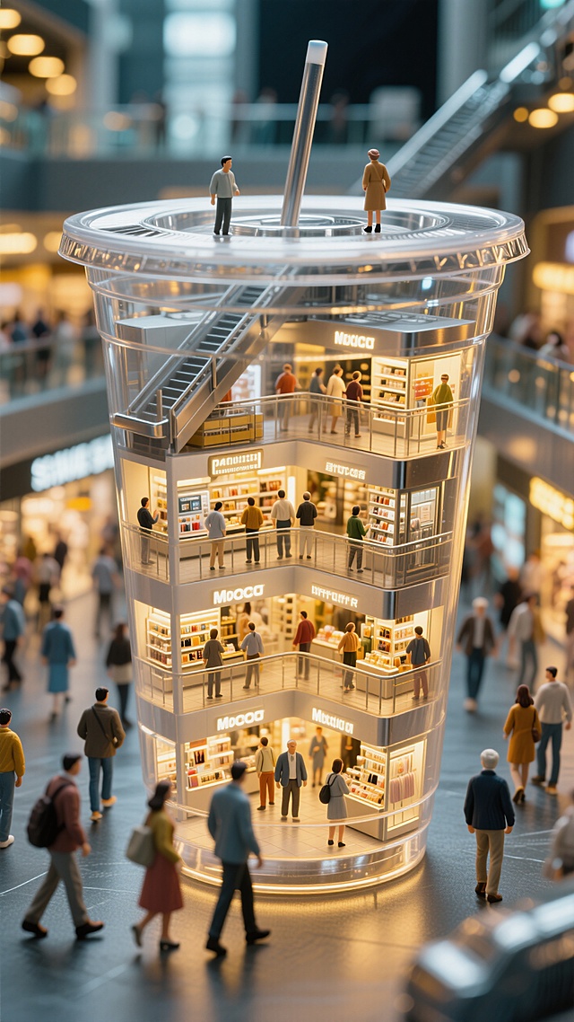 奶茶杯内部里面是一个机械化程度很高的商场剖面，灯火通明，很多人正在逛街购物