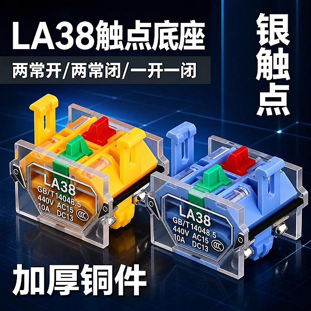 电商主图，LA38触点底座产品主图，800*800正方形，深蓝科技工业风，产品精修。全部文字使用思源黑体 Bold字体。左上角的CHKL凯蓝logo去掉，产品上的"浙江凯蓝电气有限公司"和"CHKL"去掉。

[画面主体] 画面中心展示两个LA38触点底座产品，左侧黄色底座款，右侧蓝色底座款，透明外壳可见内部红绿触点结构。产品精修处理，透明外壳通透，内部红绿触点清晰，金属螺丝高光锐利，塑胶质感干净利落，无灰尘划痕，结构细节清晰可见。产品透明外壳上的"CHKL"和"浙江凯蓝电气有限公司"字样全部清除去掉，只保留LA38型号和参数标识。左上角的CHKL凯蓝logo去掉不要。产品占画面约60%。

[背景风格] 深蓝色到黑色的科技感工业背景，带有蓝色光线和科技网格效果，地面有反光，整体工业科技感，干净不杂乱，突出产品主体。

[文案版式] 全部文字使用思源黑体 Bold字体，排版整齐清晰。
左上角区域（无logo）：
  第一行："LA38触点底座" 白色超大粗体
  下方深灰色横条："两常开/两常闭/一开一闭" 白色粗体

右侧竖排：
  "银触点" 白色超大粗体竖排

底部区域：
  "加厚铜件" 白色超大粗体

[光影质感] 商业产品摄影质感，主光从左上方打来，金属部分高光锐利，银触点银色质感真实，铜件金色质感真实，塑胶件干净，透明件通透，整体立体感强。

[配色] 主色：深蓝/黑色工业背景；强调色：黄色（左底座）、蓝色（右底座）、红色（常闭触点）、绿色（常开触点）、白色（主文字）；整体高对比度，专业工业感。

[产品处理] 左上角的CHKL凯蓝logo去掉不要。产品透明外壳上的"CHKL"和"浙江凯蓝电气有限公司"字样全部清除，只保留LA38型号、电压电流参数、CCC认证等技术标识。产品精修，金属件高光锐利，银触点质感真实，透明件通透，塑胶件干净无划痕。

[文字要求] 全部文字使用思源黑体 Bold字体，横排和竖排结合，排版整齐，层级清晰。文案与原图完全一致，不增减内容。

[规格] 图片尺寸800*800正方形，2K分辨率，避免变形、错字、文字过小、产品模糊、背景杂乱、水印、平台logo。左上角无CHKL凯蓝logo，产品上无CHKL和浙江凯蓝电气有限公司字样。