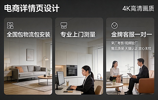 售后保障模块，背景为深灰色，分三栏展示服务：全国包物流包安装、专业上门测量、金牌客服一对一、来厂考察/视频验厂、售后质保 天猫认证 放心无忧，搭配简约服务图标，文字颜色为白色，传递可靠感，排版规整专业，电商详情页设计，4K高清