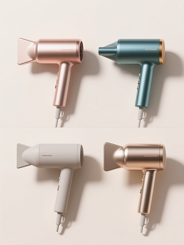 一组4个不同配色、不同样式、不同材质的吹风机造型，符合现实逻辑，采用上下两行对齐排列，整体呈现3D渲染效果，具有光滑细腻的渐变色彩过渡，高光部分明亮且有金属质感，阴影细节自然柔和，展现出产品的立体感和精致工艺，浅色背景干净简洁，突出吹风机主体，每个吹风机设计独特，形态各异，材质分别呈现哑光、亮面、磨砂和金属质感，色彩搭配协调且富有变化，整体构图平衡，视觉层次清晰，符合现代产品展示的设计感和审美要求。