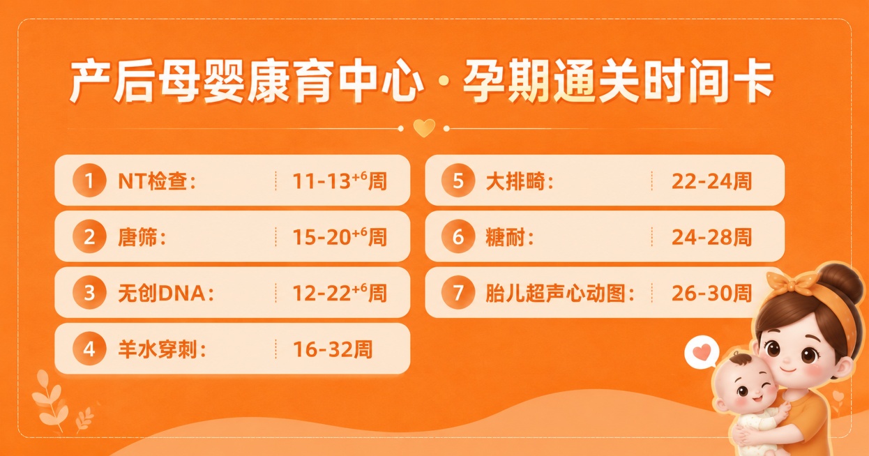 这是一张横版母婴康育中心获客卡片，尺寸比例15*7.9厘米，整体为橙色卡纸质感。顶部是主标题"产后母婴康育中心·孕期通关时间卡"，字体清晰醒目。卡片主体分区列出产检项目及对应时间：
1. "NT检查：预览效果