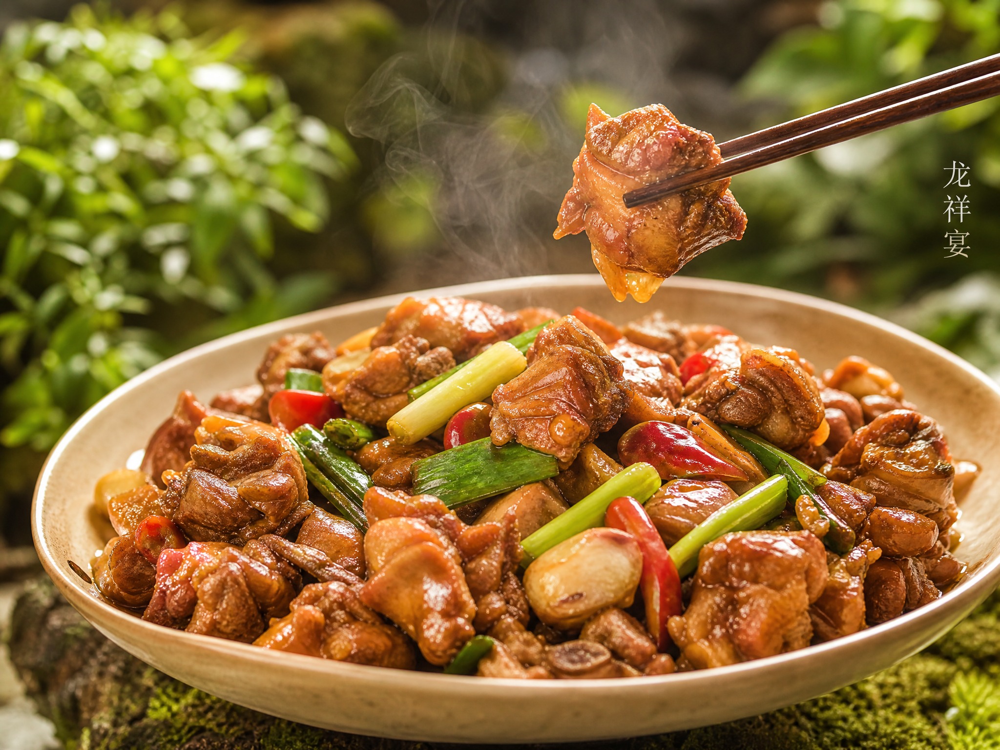 氛围感美食摄影，大碗家常炒鸡，微微热气缓缓升腾，筷子夹起一块饱… - 图片创意预览