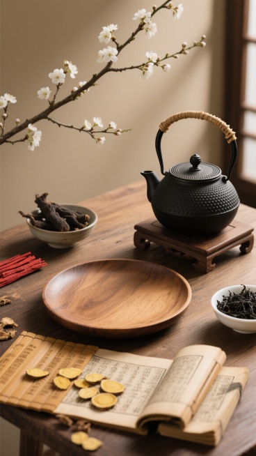 超写实摄影风格，柔和侧光营造温暖古朴氛围，木质桌面上，右侧摆放着黑色铸铁茶壶配竹编提梁，茶壶置于木制底座上，旁边是装满黑色茶叶的白色小碗；左侧有一碗深色根茎类药材，旁边整齐排列着红色长条状药材；下方展开着古老竹简和几本书册，上面散落着切片的黄色药材；中央是一个空的圆形木盘；背景中一枝开满白色小花的树枝斜向延伸，整体色调以棕色、米色、黑色为主，光线柔和细腻，阴影自然过渡，物体质感清晰，构图平衡，……预览效果