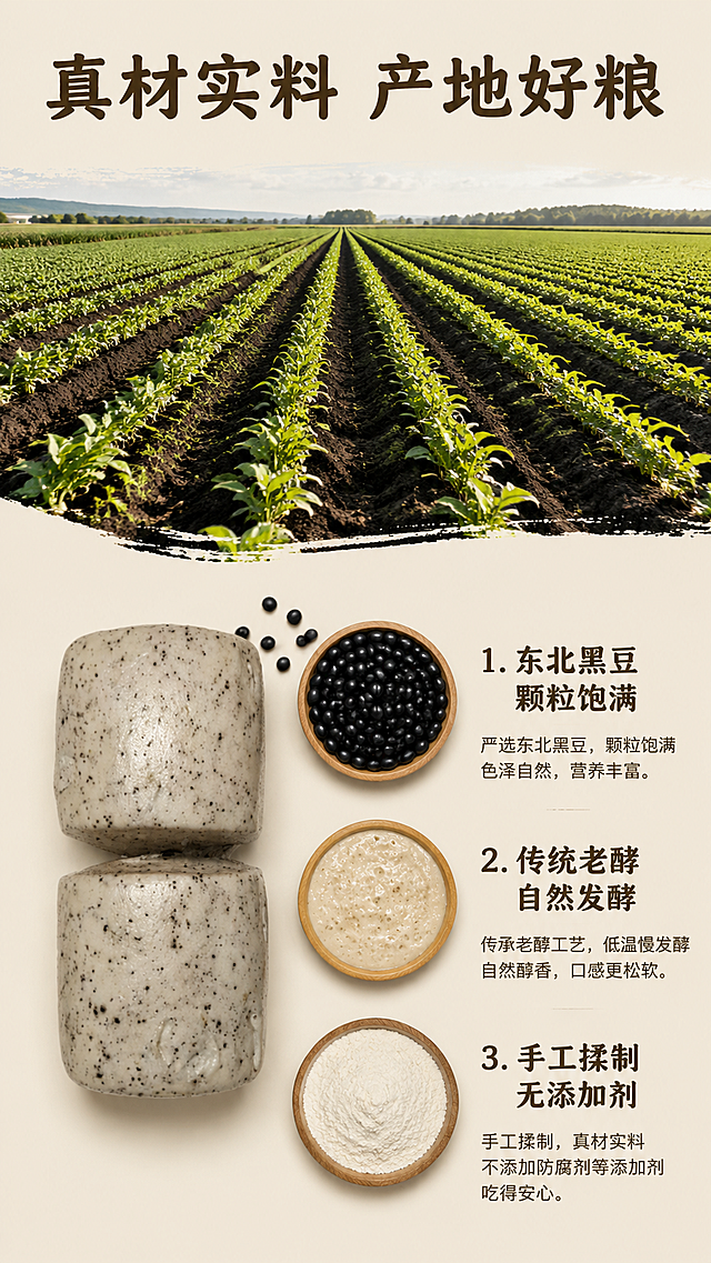 [第2屏] 吉美老酵黑豆面馒头原料成分展示详情页。本屏功能定义为核心原料介绍。[氛围/风格] 自然原生态风，真实食材展示，干净通透。[元素布局] 采用上下分栏结构，上半部分展示实景东北黑土地农田图，下半部分左侧放两颗完整馒头，右侧纵向排列三大核心原料卖点，每款原料配小字说明，背景延续全局浅米褐底色#F5F0E6，整体信息饱满不拥挤。保持馒头颜色、颗粒质感与原图一致。[光影质感] 整体自然光均匀打亮，食材清晰，阴影柔和。[配色色系] 延续全局底色#F5F0E6，主体馒头#F0EADC，黑豆颗粒#2D2D2D，文字#3A3A3A。[视角构图] 俯视拍摄食材，横向分栏清晰，信息层级分明。[文字版式] 顶部主标题“真材实料 产地好粮”，大号圆角棕色字体，下方三个卖点依次排列：1. 东北黑豆 颗粒饱满；2. 传统老酵 自然发酵；3. 手工揉制 无添加剂。文字沿用深棕色圆角书法标题字体+无衬线正文字体，仅1种字色，纯色填充。[比例分辨率] 9:16竖版比例，2k分辨率，文字清晰可辨，超高清。[负向提示词] 馒头变形，原料模糊，文字错乱，背景杂乱，颜色偏差。