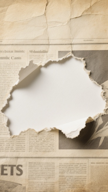 复古报纸撕纸风格背景，画面中央有一条不规则撕裂的白色纸张区域，撕裂边缘呈现自然粗糙的毛边质感，纸张上方和下方为做旧泛黄的报纸底色，报纸纹理清晰可见，带有轻微的折痕和复古纸张特有的斑驳感，整体配色以怀旧的米黄色和报纸灰为主，营造出岁月沉淀的复古氛围。预览效果