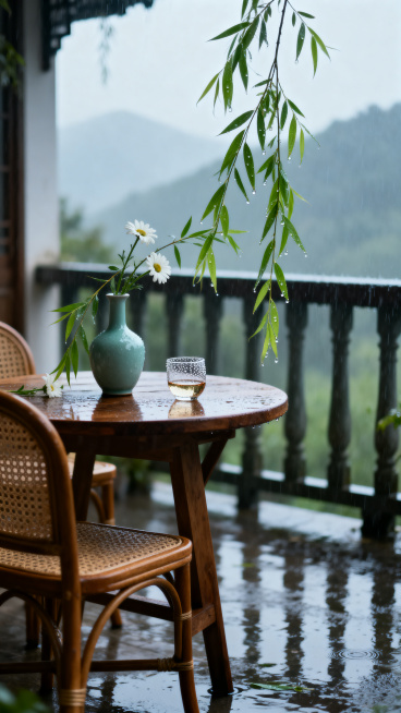 春日雨后的庭院阳台，摆放着一桌一椅，桌上放着一瓶酒和一只酒杯，几枝青翠的柳枝与白菊点缀，背景是朦胧的远山，笼罩在氤氲雨雾之中，光线柔和偏冷但氛围温馨，画面留有大量空白区域可放置文案，整体氛围感安静治愈预览效果