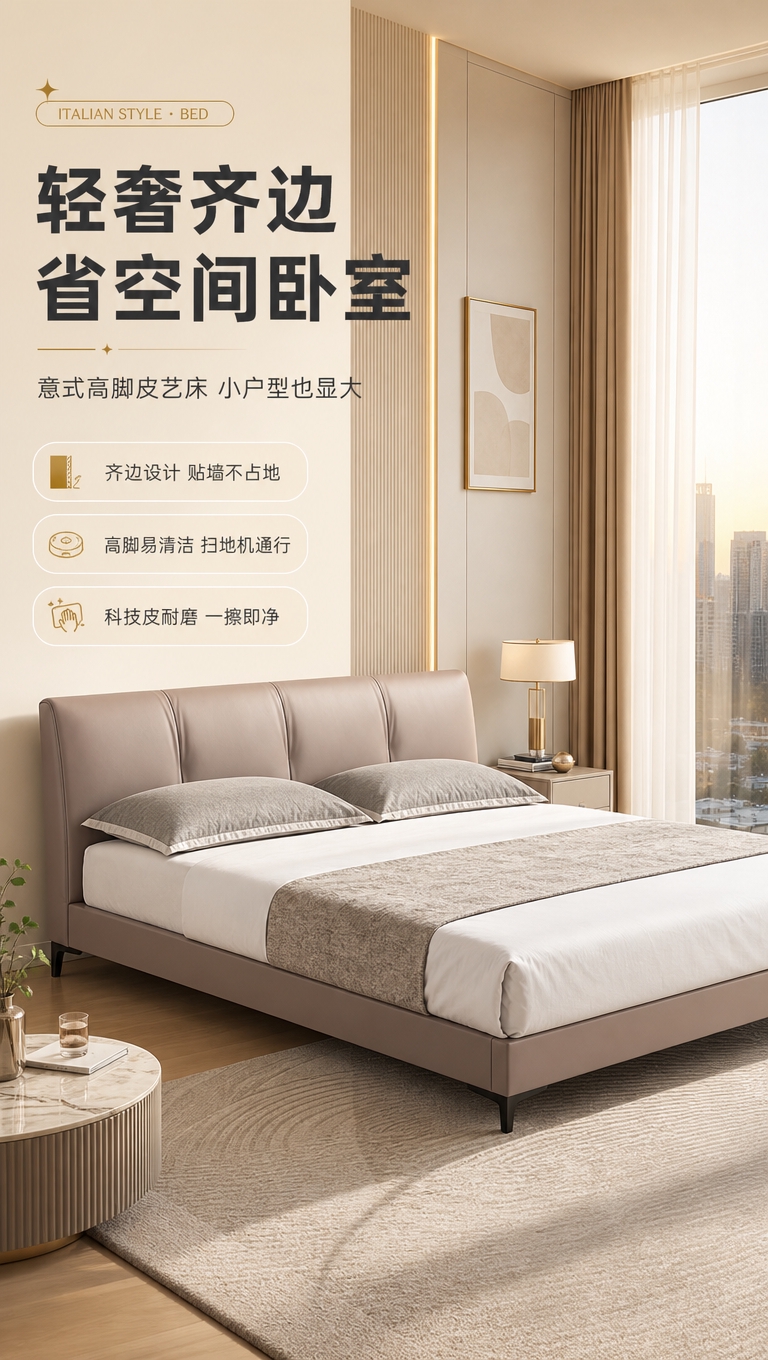[商品] 使用【图1】意式轻奢高脚齐边皮艺床；保留床头软包造型… - 图片创意预览