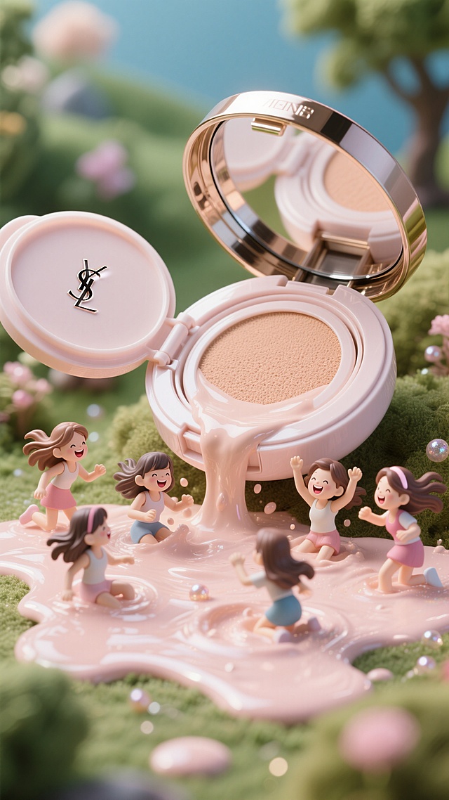 一盒巨大的气垫特写，一群女生在气垫溢出的粉底液体里打滚嬉戏