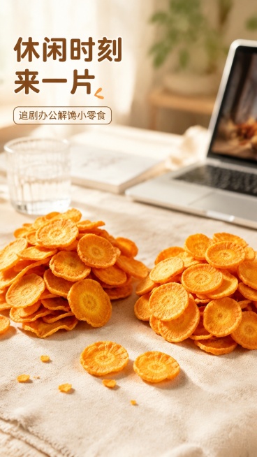 [第5屏] 场景种草屏，展示蜂蜜黄油胡萝卜脆日常休闲解馋场景。本屏使用【图5】作为产品主体，搭配休闲桌面场景。
[氛围/风格] 轻松休闲生活感，治愈慵懒氛围，真实场景实拍质感。
[元素布局] 两堆胡萝预览效果