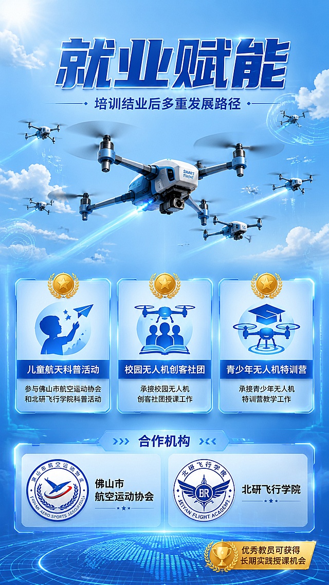 [第7屏] 就业赋能与合作背书展示页。
[氛围/风格] 科技风、信任感、专业权威，淡蓝色调。
[元素布局] 背景为淡蓝色渐变天空，多架无人机在空中编队飞行，形成壮观场景；中下部为三个就业方向卡片横向排列；底部为合作机构Logo展示区；点缀云层和科技光效。
[光影质感] 无人机有金属高光和尾迹光效，卡片有悬浮感投影，整体大气明亮。
[配色色系] 全局底色 #DCEBFF 淡蓝天空渐变；主色 #2563D0 深蓝；辅助色 #FFFFFF 白色、#58A0FF 中蓝；点缀色 #FFC107 金色徽章。
[视角构图] 竖版上下构图，上半部分天空无人机场景，下半部分卡片+Logo，阅读动线自上而下。
[文字版式] 顶部主标题「就业赋能」，副标题「培训结业后多重发展路径」；
三张就业卡片：
卡片1「儿童航天科普活动」图标+「参与佛山市航空运动协会和北研飞行学院科普活动」
卡片2「校园无人机创客社团」图标+「承接校园无人机创客社团授课工作」
卡片3「青少年无人机特训营」图标+「承接青少年无人机特训营教学工作」
底部合作机构区标题「合作机构」，展示两个机构名称「佛山市航空运动协会」「北研飞行学院」，配机构徽章样式；
右下角小字「优秀教员可获得长期实践授课机会」金色标注。
[比例分辨率] 9:16 竖版比例，4K 分辨率，文字清晰可辨，高清画质。
[负向提示词] 变形，水印，文字错乱，文字过小，无人机变形，颜色偏差，背景杂乱。