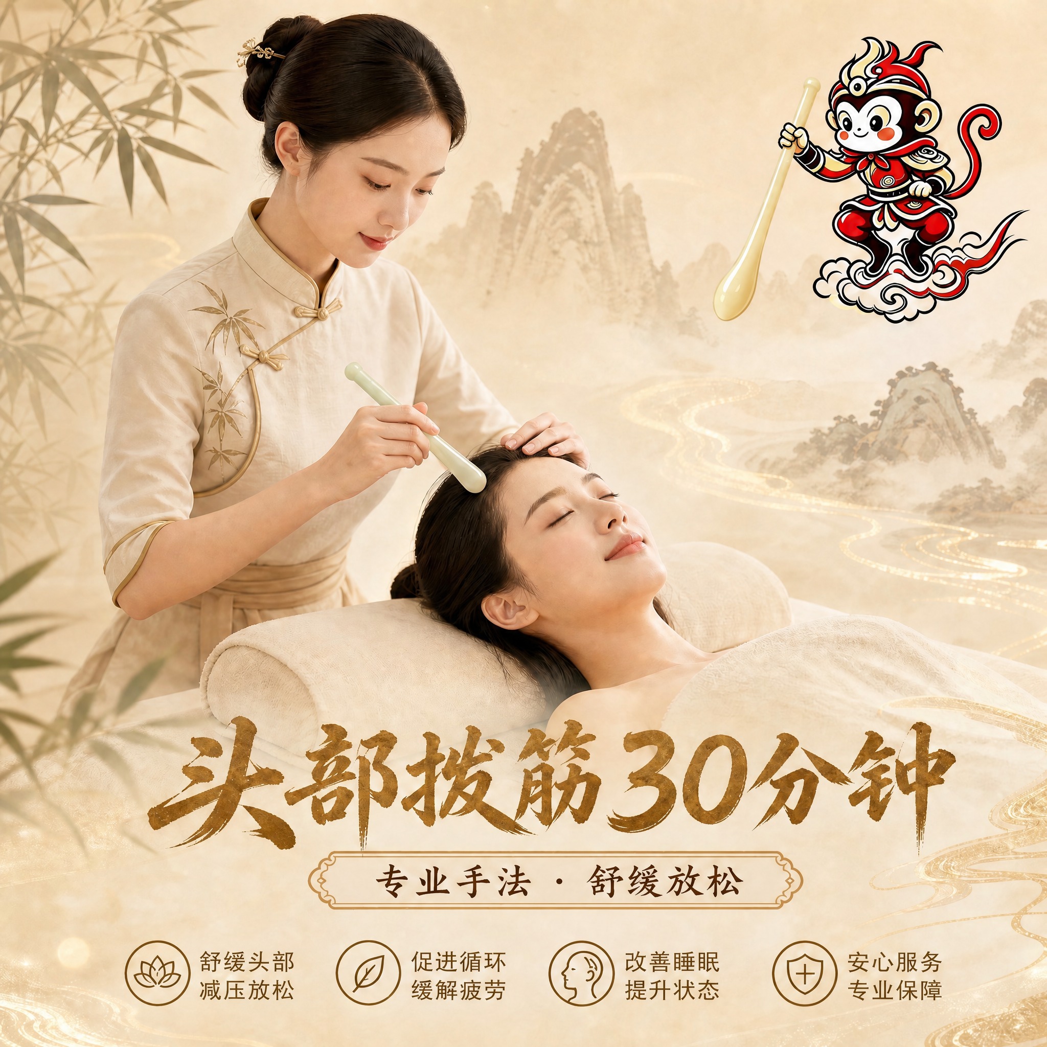 基于参考图进行修改：将画面底部的主标题文字"头部拨筋20分钟"… - 图片创意预览