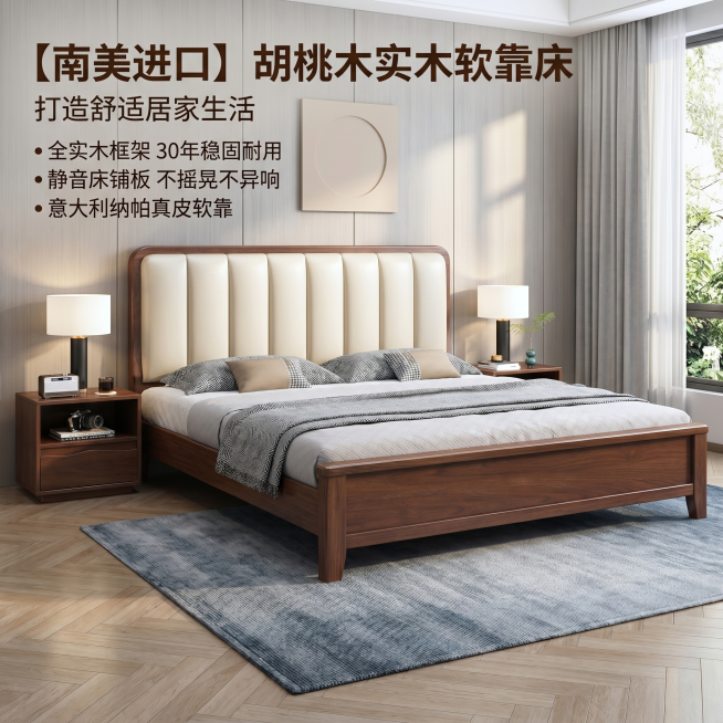 [主图 1] 胡桃木实木软靠床空间场景氛围首图。保持胡桃木实木床的外观，包括物理结构、材质质感、深棕色实木和米白色软靠颜色，与输入产品图绝对一致，杜绝任何变形和色差，精细化处理。[氛围风格] 温馨现代预览效果