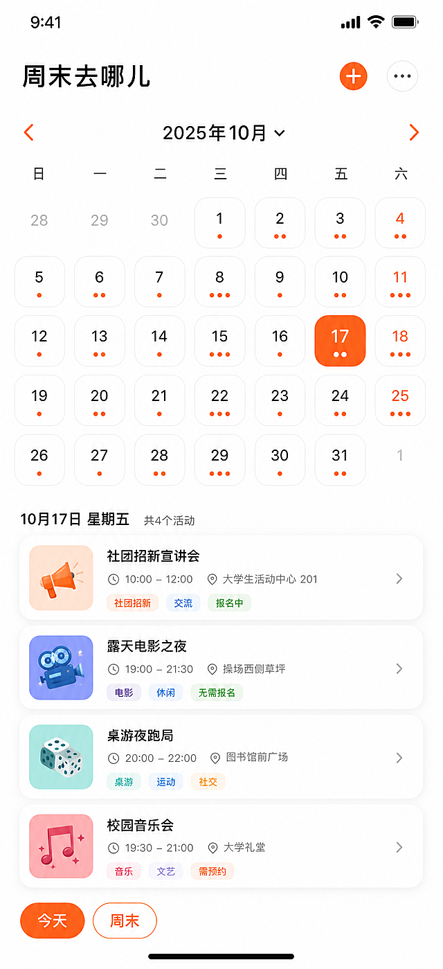 周末去哪儿大学生活动小程序日历视图页界面原型，375x812px iPhone X尺寸，主色调活力橙#FF7A3D，顶部月份选择器，日历网格用圆点标记每天活动数量，下方展示选中日期的活动列表，左下角有今天和周末快速切换按钮，年轻活力现代简约清新风格，遵循设计规范