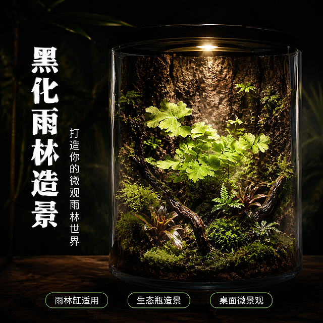 [主图-3] 黑化雨林缸造景场景展示
[氛围风格] 暗黑雨林生态缸 沉浸式造景氛围 神秘自然感
[画质] 商业摄影质感 画面通透 层次丰富 超高清
[元素] 凤舞铁线蕨种植在玻璃雨林缸中 作为造景主角之一。缸内布置有深色沉木 苔藓 小型积水凤梨 其他迷你蕨类 背景板为深色树皮纹理。缸内有轻微雾气 模拟雨林湿润环境。凤舞铁线蕨位于视觉中心 叶片舒展 状态极佳。缸体放置在深色木质台面上 周围环境昏暗 突出缸内景观。保持凤舞铁线蕨产品外观 物理结构 材质质感 颜色与输入产品图一致 杜绝任何变形和色差 精细化处理。商品主体占比约40% 但为视觉焦点。
[光影] 缸内顶部有模拟阳光的暖光射灯 照亮植物主体 缸壁有轻微反光 外部环境较暗 形成画中画的聚焦效果 光影层次丰富
[配色] 主色深黑绿雨林调 辅色各种层次的绿色植物 点缀色暖黄灯光
[视角构图] 平视视角 中等景深 雨林缸为主体 前后景有层次 左侧留少量负空间
[文字版式] 左侧竖排主标题"黑化雨林造景" 白色大号粗体字 下方副标题"打造你的微观雨林世界" 较小字号。底部有三个圆角标签横排 "雨林缸适用" "生态瓶造景" "桌面微景观"。文字不遮挡植物主体。
[输出要求] 1:1比例 文字清晰可辨 超高清商业摄影质感
[负向提示词] 变形 文字错乱 产品模糊 背景杂乱 水印 电商平台Logo 多余的手