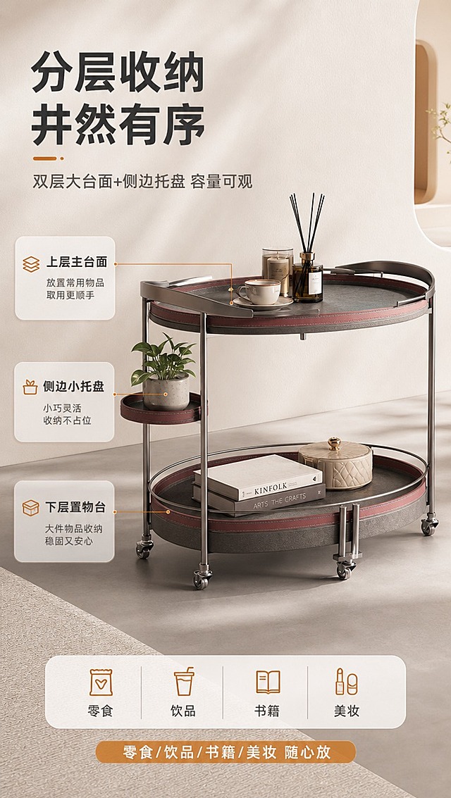 [商品] 使用【图1左】DS-810A深灰色马鞍皮不锈钢移动餐车；保留双层椭圆台面、侧边小圆托盘、不锈钢框架、底部滑轮的完整结构；商品处理：清晰展示各层收纳空间，台面摆放真实家居小物，不改变产品结构与颜色。
[画面] 页面目标：结构与收纳解析页，说明双层台面+侧边托盘的分区收纳能力。构图：餐车位于画面中央偏右，占画面约60%，45°侧视角度；上层台面摆放咖啡杯与香薰，下层台面摆放书籍与装饰盒，侧边托盘放置小绿植；左侧用细线引线标注三层收纳区：「上层主台面」「下层置物台」「侧边小托盘」；背景为浅暖灰墙面+柔和地面投影，简洁不杂乱。
[视觉] 套系策略：风格=现代轻奢家居商业摄影；标题字=现代无衬线粗体；正文字=简洁无衬线体；主色=深灰棕+暖驼；背景延展=基于暖驼与深灰做深浅层级、同色渐变和细腻墙面/织物质感；强调色=焦糖橙，仅用于小面积图标、引线和标签；标题色=深炭灰；正文色=中暖灰；组件=圆角浅底信息卡、细线引线、胶囊卖点框；光影=左前侧暖柔光，柔和阴影。
[文字] 左上主标题「分层收纳 井然有序」（8字），副标题「双层大台面+侧边托盘 容量可观」（14字）；引线旁分别标注对应收纳区名称与用途短句；底部加1行「零食/饮品/书籍/美妆 随心放」；所有文字横排。
[规格] 淘宝/天猫详情页单屏9:16竖版，分辨率4K，负向提示：避免结构变形、缺件、文字竖排、冷蓝背景、极限词。