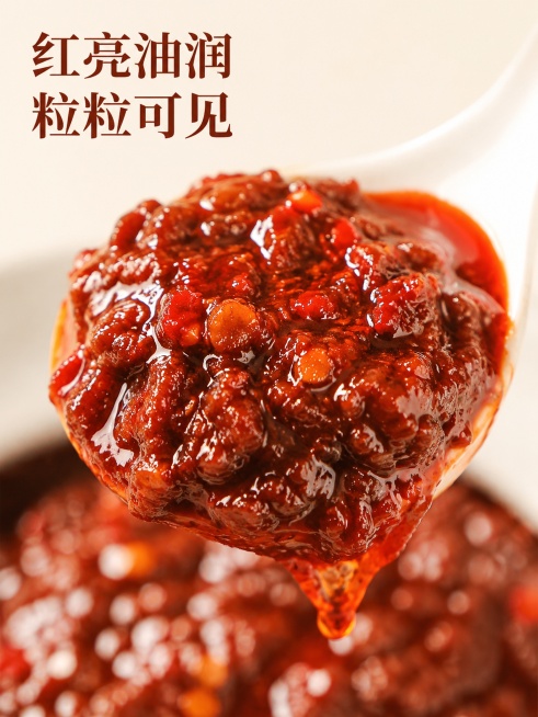 [第4屏] 豆瓣酱质地特写屏，展示红油亮泽细腻质感。
[氛围/风格] 微距食欲感，高清特写质感，真实诱人。
[元素布局] 瓷勺舀起满满的豆瓣酱，占据画面中心位置，占比约70%；可以清晰看到均匀的红油、预览效果