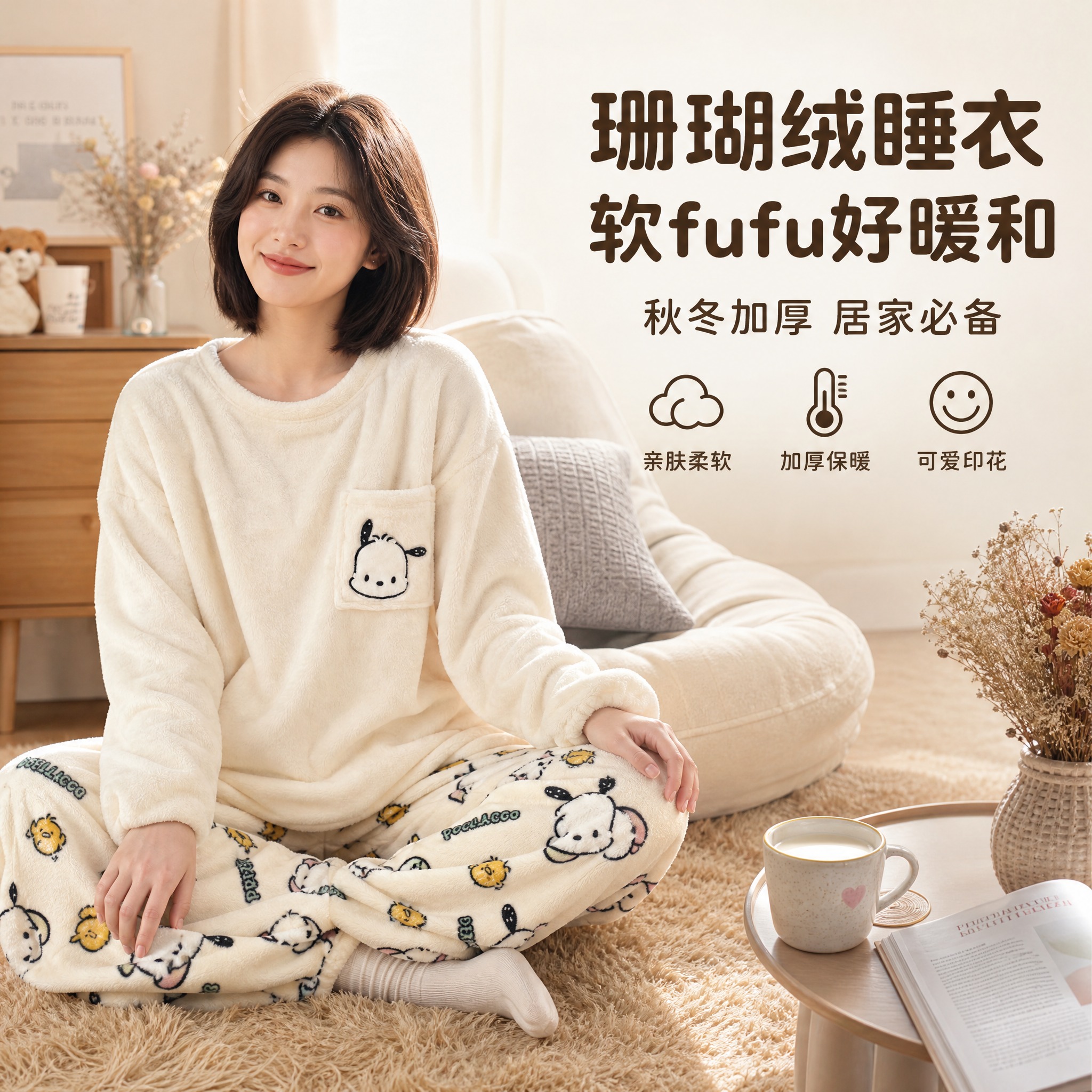 [单张主图] 女士圆领珊瑚绒睡衣套装（帕恰狗卡通印花款），高级… - 图片创意预览