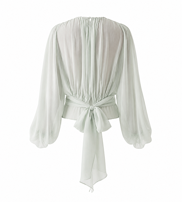 3D product render, back view of the light mint green sheer chiffon blouse with a bow tie at the back, isolated on a plain white background, no model, keep the original design and color