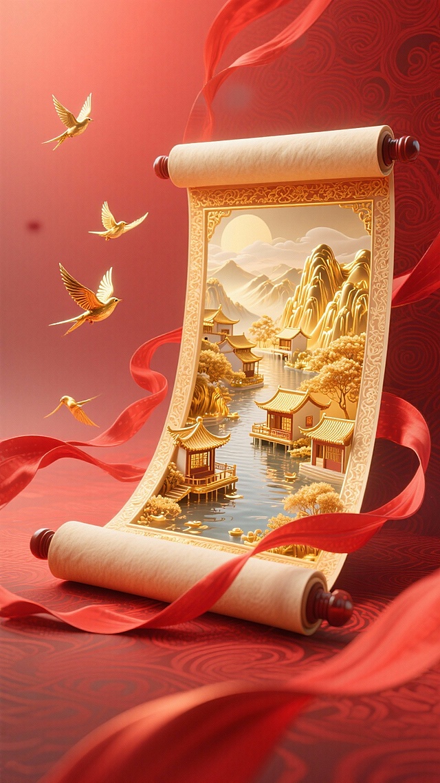 红色为主色调。红色暗纹渐变背景，画面主体是华丽精致的立体卷轴展开的效果，卷轴内有通体黄金的小巧流水江南人家的景色、金色山水景观，搭配红色飘带、金色飞鸟