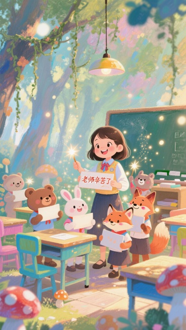 卡通插画风格，一个可爱的Q版小女孩老师被一群小动物学生（小熊、小兔、小狐狸）包围着，小动物们举着“老师辛苦了”的牌子，背景是充满童趣的森林教室，色彩明亮柔和。预览效果