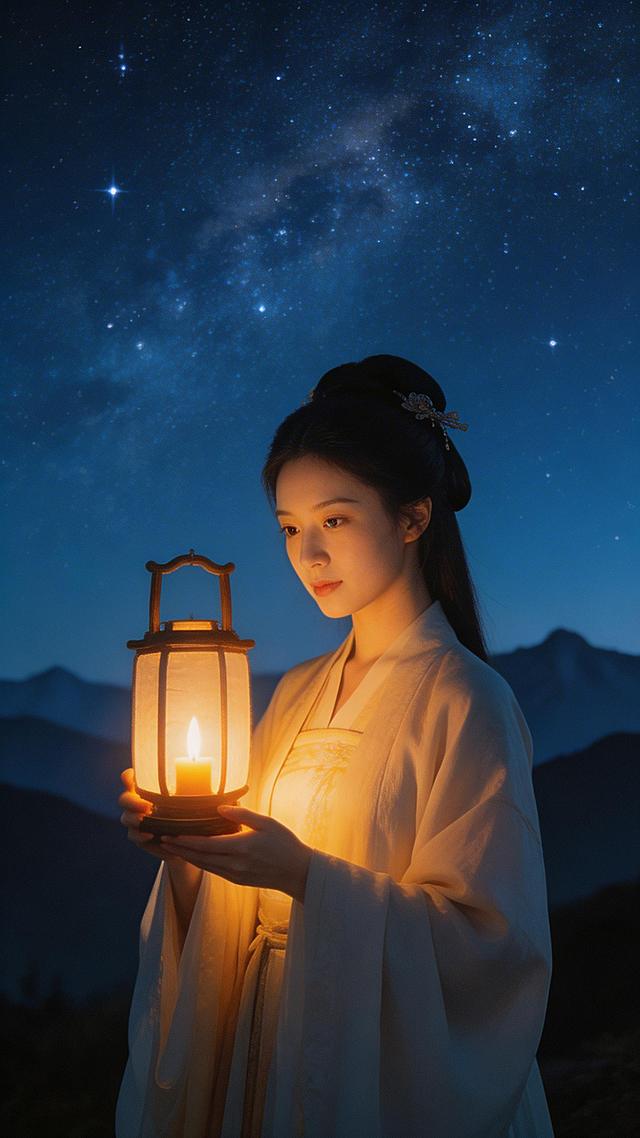 古风浪漫深情星河，女子立于星河之下，双手捧着一盏长明灯，灯中火光如心跳般温暖。画面以深蓝星空为背景，火光映亮她的面容与衣襟。远处群山剪影连绵。色调冷暖对比强烈，无任何文字