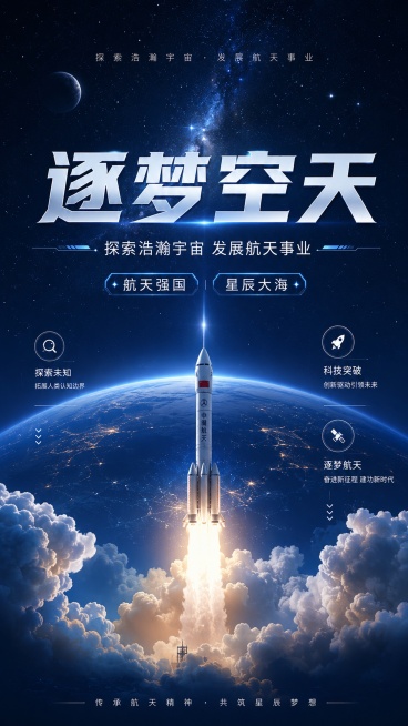 写实商业科技风格航空航天海报，主视觉为深邃深蓝色宇宙星空背景，长征火箭穿破云层飞向浩瀚星辰，画面包含清晰主标题"逐梦空天"，副标题"探索浩瀚宇宙 发展航天事业"，装饰标签文字"航天强国""星辰大海"，预览效果