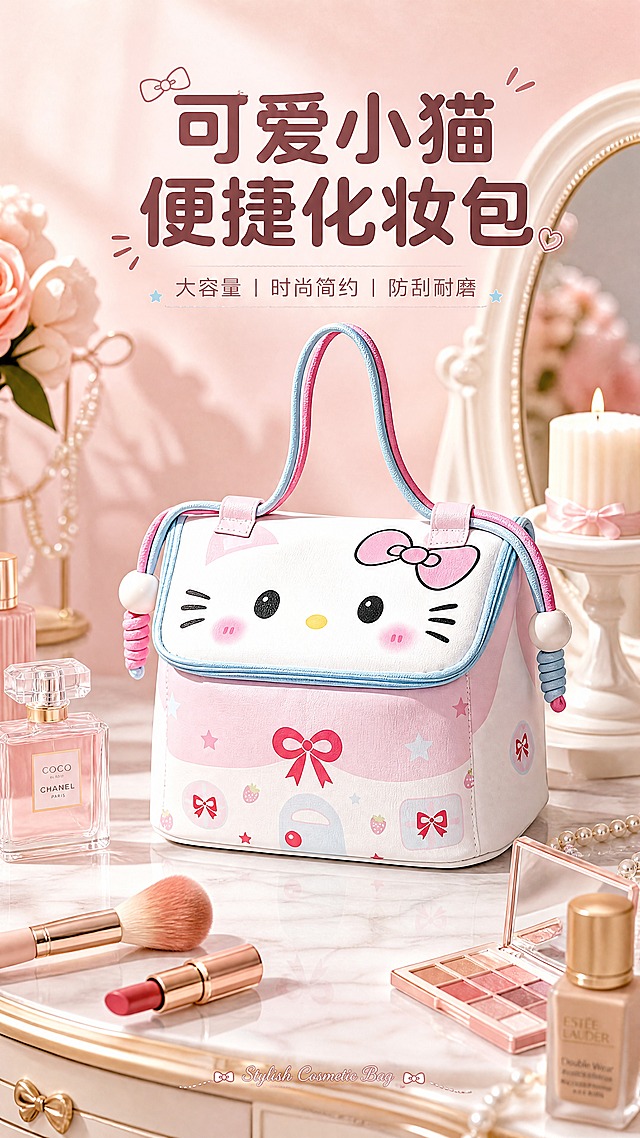 [商品] 使用【图2】猫咪造型化妆品收纳包；保留白色主体、粉色渐变下半部分、Hello Kitty风格猫咪脸部（黑色眼睛胡须、黄色鼻子、粉色腮红、粉色蝴蝶结）、蓝粉双色加长提手配白色圆珠、蓝色包边拉链、草莓蝴蝶结星星图案、PU皮材质；自然理顺包型，增强面料纹理、缝线、拉链和五金质感，不改变版型结构和颜色。
[画面] 头图海报，产品置于甜美少女心梳妆台场景中，包体正面朝向观众略侧15度，产品占画面60%；前景散落粉底液、口红、眼影盘、香水、化妆刷等化妆品，中景化妆包居中放置在白色大理石梳妆台上，后景为暖粉色墙面、拱形装饰镜、白色蜡烛和珍珠串装饰，营造温馨治愈氛围；顶部大标题区留白。
[视觉] 套系策略：风格=甜美少女风商业摄影；标题字=圆润粗黑体；正文字=简洁无衬线体；主色=樱花粉；背景延展=基于樱花粉做深浅层级、同色渐变和细腻墙面/织物质感；强调色=天蓝色，仅用于小面积图标、引线和标签；标题色=深棕粉；正文色=暖灰粉；组件=圆角浅粉信息卡、细线引线、可爱图标；光影=左前侧暖柔光，右侧柔和补光，底部自然投影。
[文字] 顶部居中主标题"可爱小猫 便捷化妆包"，副标题"大容量 | 时尚简约 | 防刮耐磨"，底部小字英文装饰"Stylish Cosmetic Bag"；文字不遮挡包体正面猫咪脸部。
[规格] 图片比例9:16竖版，4K，避免变形、错字、文字过小、冷蓝灰背景、包型失真、图案错乱。