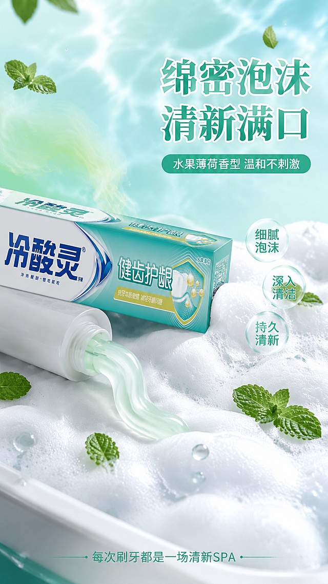[第5屏] 详情页使用体验-绵密泡沫质地与清新口感。本屏使用【图1】作为产品主体，搭配泡沫和薄荷元素。
[氛围/风格] 清新治愈风，绵密泡沫质感，水果薄荷香气可视化，商业摄影质感。
[元素布局] 牙膏盒置于画面左侧，占比约35%，开盖状态（保留原包装外观），膏体挤出呈淡绿色半透明状；右侧和下方大面积绵密白色泡沫，泡沫中点缀薄荷叶和晶莹小水珠；背景为青蓝渐变水光感，有淡淡的薄荷绿烟雾表现香气；底部为白色陶瓷洗手台边缘。
[光影质感] 上方柔光照射，泡沫有细腻高光和通透感，膏体有光泽质感，整体明亮清新。
[配色色系] 全局底色 #E0F5F7 浅青蓝；主色薄荷绿 #4DD091；辅助色白色泡沫、青蓝、淡绿色膏体。
[视角构图] 左产品右泡沫构图，产品在左中位置，泡沫向右下蔓延，阅读动线从左到右。
[文字版式] 右上主标题「绵密泡沫 清新满口」；副标题「水果薄荷香型 温和不刺激」；泡沫区域三个标签：「细腻泡沫」「深入清洁」「持久清新」；底部小字「每次刷牙都是一场清新SPA」；文字不遮挡产品主体。
[比例分辨率] 9:16 竖版比例，4K 分辨率，文字清晰可辨，高清画质。
[负向提示词] 产品变形，包装文字错乱，颜色偏差，水印，文字过小，背景杂乱。