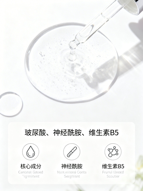 轻奢简约风电商详情页成分/细节屏，750px宽，白色浅肤温柔色调，干净高级，柔和光影，精致排版。画面展示高保湿修护精华液精修大图，下方列出核心成分“玻尿酸、神经酰胺、维生素B5”，每个成分搭配对应简约预览效果