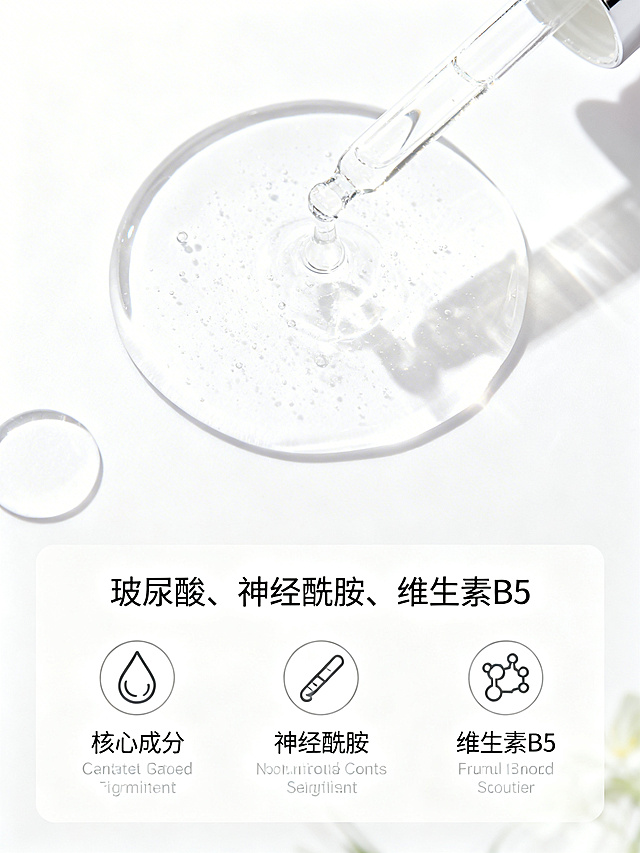 轻奢简约风电商详情页成分/细节屏，750px宽，白色浅肤温柔色调，干净高级，柔和光影，精致排版。画面展示高保湿修护精华液精修大图，下方列出核心成分“玻尿酸、神经酰胺、维生素B5”，每个成分搭配对应简约icon和文字说明，整体商业质感