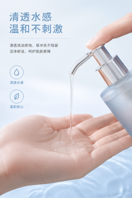 电商详情页质地展示页，展示这款洗面奶清透的液体质地，挤出少量洗面奶在干净的手上，呈现清透流动的质感，主标题写"清透水感 温和不刺激"，保持浅蓝色干净简约高级风格，和前面产品风格保持一致不割裂预览效果