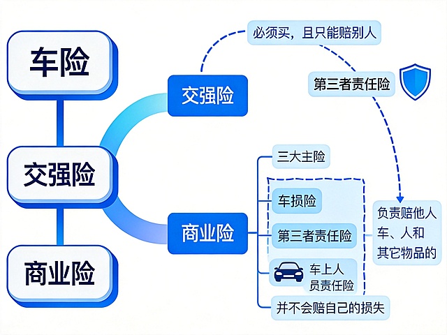 基于原图片的车险思维导图内容，重新设计一张创意思维导图，主色调为蓝色，优化样式排版让文字可读性更强，保留所有原有文字信息，设计风格清晰美观