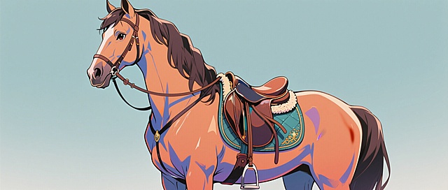 一匹健壮的骏马搭配精致漂亮的马鞍，呈现一匹好马配好鞍的画面，整体是动漫插画风格