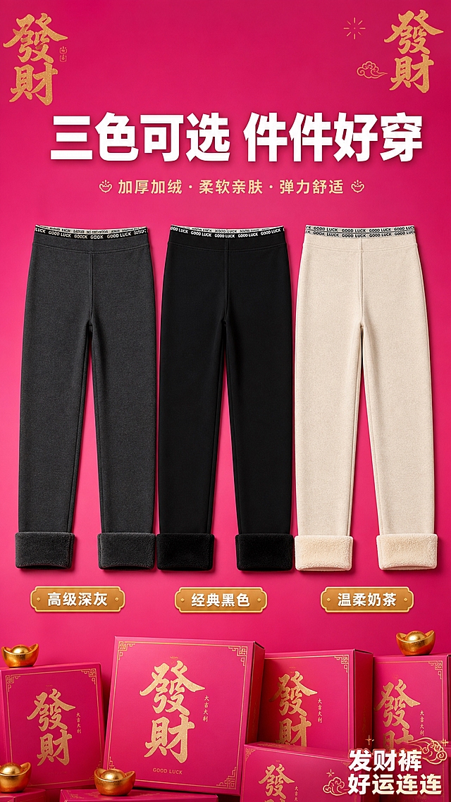 [主图-4] 加厚加绒云朵发财裤多色多款式展示图，展示全部颜色选择。
[统一基调] 国潮喜庆高级风，主背景为玫粉色渐变，搭配金色发财文字元素，标题字色为白色加粗，辅助字色为浅金色，强调色为玫红与金色，字体为粗黑体，整体风格喜庆高级有质感。
[画面] 画面展示三条发财裤并排平铺，分别为深灰色、黑色、奶茶色（米白加绒款），三条裤子整齐排列，腰头对齐，展示不同颜色上身效果差异，背景为玫粉色渐变，底部有金色发财包装盒堆叠装饰，呼应发财主题，产品占画面60%。
[光影质感] 商业摄影棚拍质感，均匀柔光，三条裤子颜色准确，面料质感统一，加绒内里隐约可见，阴影自然，整体干净高级。
[配色] 主背景玫粉色渐变，产品三色：深灰、黑色、奶茶色，文字白色与金色，底部玫红色发财包装盒，色彩丰富和谐。
[文字版式] 画面顶部大标题"三色可选 件件好穿"白色粗体大字，每条裤子下方对应标注颜色名称："高级深灰""经典黑色""温柔奶茶"，金色底白字小标签，右下角小字"发财裤 好运连连"，文字清晰不遮挡产品。
[输出要求] 比例9:16，尺寸1080*1920，文字清晰可读，产品清晰完整，无变形，无错字，无水印，无平台Logo。