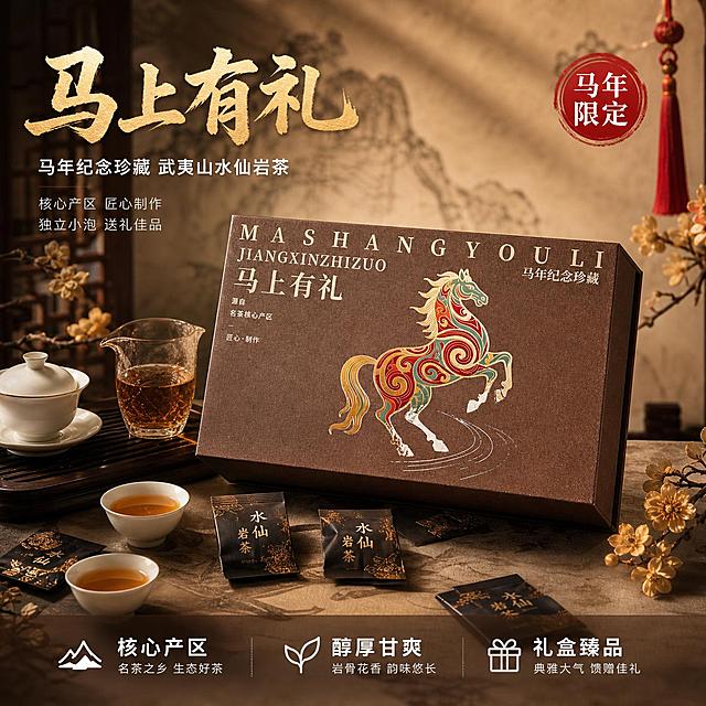 [主图-1] 马上有礼马年纪念水仙岩茶礼盒首图 国潮茶礼场景。
[氛围风格] 国潮新中式高级茶礼质感，抖音强视觉冲击感，大气尊贵。
[画质] 商业摄影质感、光线柔和通透、产品清晰真实、画面干净高级、超高清细节。
[元素] 棕色马上有礼马年纪念珍藏茶礼盒居中偏右45度角摆放，礼盒表面烫金骏马图案清晰醒目，礼盒质感为细腻磨砂棕褐色皮质纹理。左侧搭配新中式茶席场景：深棕色实木茶盘、白瓷盖碗、公道杯、品茗杯，杯中盛有琥珀色茶汤，旁边散落几泡黑色烫金包装的水仙岩茶小泡袋，背景是浅米色宣纸纹理墙面，点缀几枝金色山茶花与红色流苏挂饰，营造马年喜庆茶礼氛围。**保持礼盒外观（即物理结构、材质质感、颜色、骏马图案、文字排版）与输入产品图1一致，杜绝任何变形和色差，精细化处理**。商品主体占比约65%，画面满屏无边框。
[光影] 自然暖光从左上方斜射，主光柔和打亮礼盒正面骏马图案，右侧辅光补充暗部细节，礼盒下方有自然柔和的投影，茶汤有通透的高光反光，整体暖金色调，光影层次丰富，高级质感。
[配色] 主色深棕褐色（礼盒主色）；辅色烫金、中国红点缀；背景色浅米杏色。
[视角构图] 45度斜侧俯视视角，礼盒为视觉中心，茶席元素错落分布在左侧与前景，景深中等，背景虚化突出主体。
[文字版式] 左上负空间左对齐留安全边距。主标题大字"马上有礼"，烫金色粗体书法字，最大号最醒目；副标题"马年纪念珍藏 武夷山水仙岩茶"，白色黑体，字号约为主标题一半。下方两行卖点短句"核心产区 匠心制作""独立小泡 送礼佳品"，白色细黑体。右上角红色圆形印章式标签"马年限定"，白字。底部通栏极轻微半透明渐变蒙层，左中右三列卖点："核心产区""醇厚甘爽""礼盒臻品"，白字。
[输出要求] 1:1比例，文字清晰锐利可辨，超高清商业摄影质感。
[负向提示词] 变形，文字错乱，产品图模糊，背景杂乱，水印，电商平台Logo，多余的手，畸形手，人物面部扭曲。