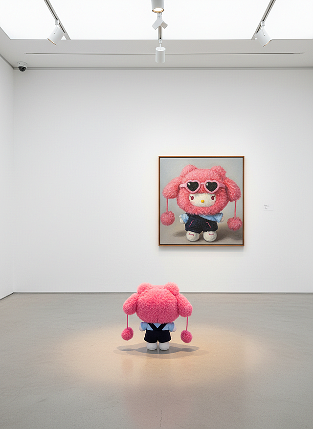 在一个简约的白色艺术展厅里，人物背对镜头站立，旁边墙上挂着一幅风格写实的大油画，油画正对镜头 画中人物形象与该人物呼应，画面有射灯营造的艺术氛围，整体呈现出艺术展览中‘人物与自画像’的创意场景，色调偏写实自然