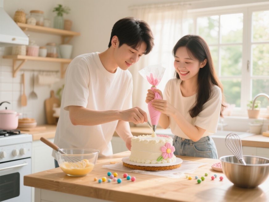 一对年轻情侣在温馨的厨房一起制作DIY手工蛋糕，男生正专注地往蛋糕胚上涂抹奶油，女生笑着用裱花袋挤出粉色花朵装饰，台面上摆放着搅拌碗、打蛋器和彩色糖珠，阳光透过窗户洒进来，空气中弥漫着甜蜜的气息，整体预览效果