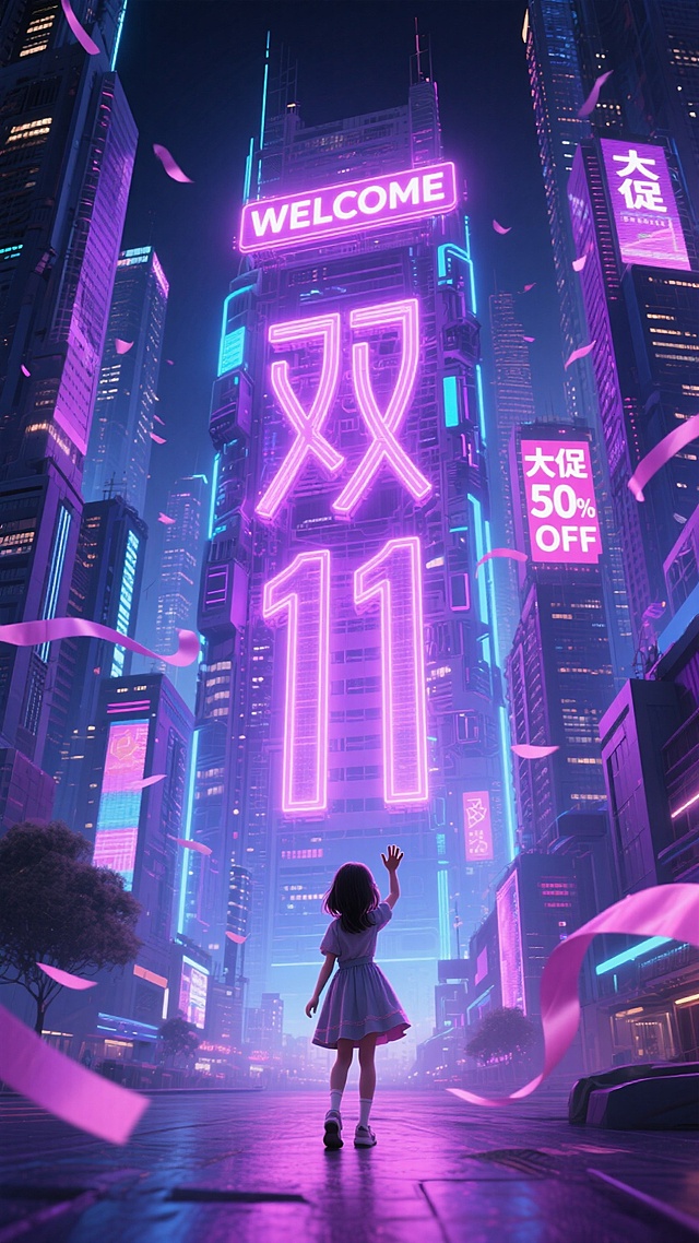 赛博朋克风格的未来城市夜景：发光的“双11”字形的机械大楼上方霓虹文字广告牌“WELCOME”立在中间。高耸摩天楼布满密集，周围带有“大促”“50%OFF”等促销信息的霓虹招牌。紫、粉、蓝等鲜亮霓虹交织，搭配全息投影显示，繁华的科幻科技城市,上方有丝带飘落，前面有可爱小女孩打招呼