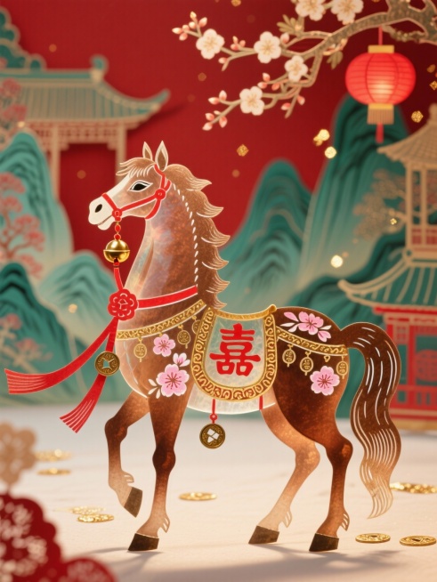 皮影质感，半透明，主体是棕褐皮影骏马（马身饰红色 “喜” 字与粉白海棠纹样，鞍具绣金线福纹，毛发蓬松有光泽），呈静立回眸姿态，颈间系红金铃铛。周身环绕红棕渐变华丽飘带，飘带缀小巧铜钱与金箔，古朴喜庆。预览效果