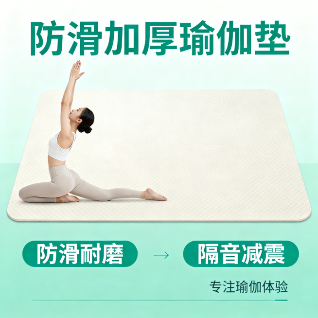 瑜伽垫商品海报，简约实用风格，以薄荷绿和奶白色为主色调，展示防滑加厚瑜伽垫，搭配舒展的瑜伽动作元素，突出防滑耐磨、隔音减震卖点，布局简洁舒适预览效果