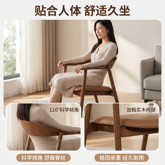 [主图 2] 实木单人椅人体工学功能展示图。
[氛围风格] 温馨舒适家居治愈风，自然柔和氛围；
[画质] 商业摄影质感、光线柔和通透、产品清晰真实、画面干净高级。
[元素] 一位年轻亚洲女生，浅米色针预览效果