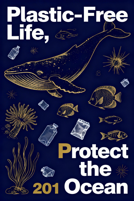 极简风格公益海报，主题为"Plastic-Free Life, Protect the Ocean"，深海军蓝背景，纤细精致的金色线条绘制海洋生物（鲸鱼、海葵、热带鱼）和塑料垃圾，动态不对称布局，白色预览效果