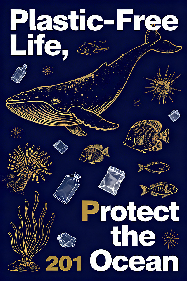 极简风格公益海报，主题为"Plastic-Free Life, Protect the Ocean"，深海军蓝背景，纤细精致的金色线条绘制海洋生物（鲸鱼、海葵、热带鱼）和塑料垃圾，动态不对称布局，白色和金色的粗体现代无衬线字体，干净高对比度美学，具有冲击力和概念性，参考2021海洋科学计划海报风格