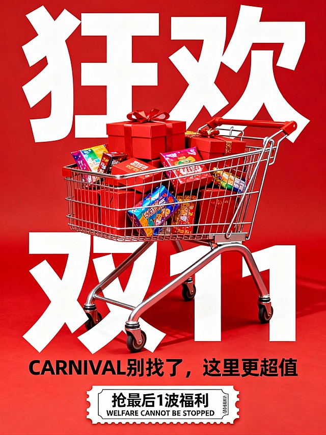 以红色为主色调的双11促销海报，画面核心是白色巨型艺术字“狂欢”“双11”，中间嵌入装满红色礼盒、彩色包装商品的金属购物车。下方有黑色小字“CARNIVAL 别找了，这里更超值”，底部白色票券式设计标注“抢最后1波福利”与英文“WELFARE CANNOT BE STOPPED”，整体风格热烈且具冲击力，突出双11购物狂欢的超值福利与抢购紧迫感