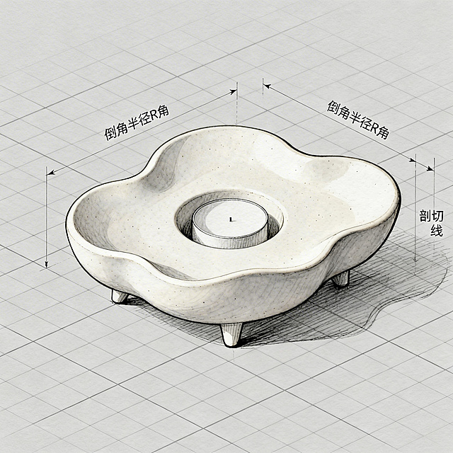 工业设计手绘草图，主体是几何化云朵轮廓的扩香石底托，边缘是流畅波浪形大曲面，非对称结构重心稳定，背景有浅灰色坐标网格，边缘标注了倒角半径R角和剖切线，中心有圆形下沉式凹槽用于放置扩香石，哑光白陶质感，现代极简主义，带有侘寂风克制感，略带俯视45度等轴侧视角，可以清晰看到底部悬空的极细脚垫设计